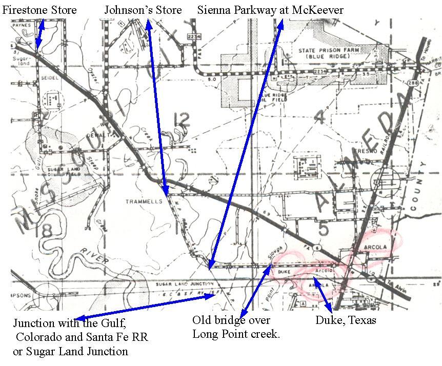 The intersection of Sienna Parkway and McKeever Rd. is where the original Cunningham Sugar Land Road, built in 1894, turns east towards Duke, Texas.