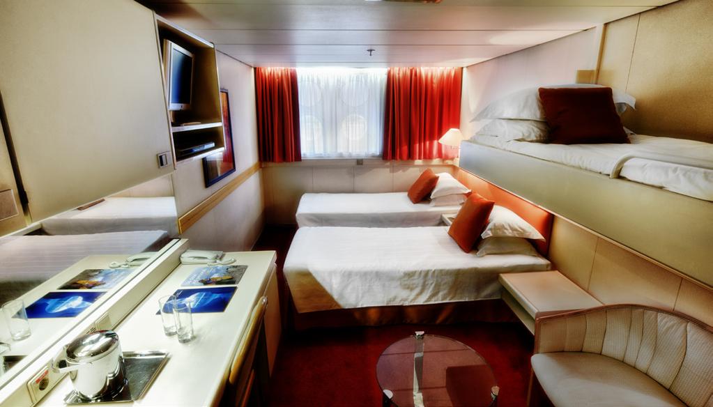 (17 and 19 sq. m) in size, these cabins have one double bed or two twin beds, and a picture window. Located on the Upper, Main and Captain s Decks, these cabins have a private bathroom with shower.