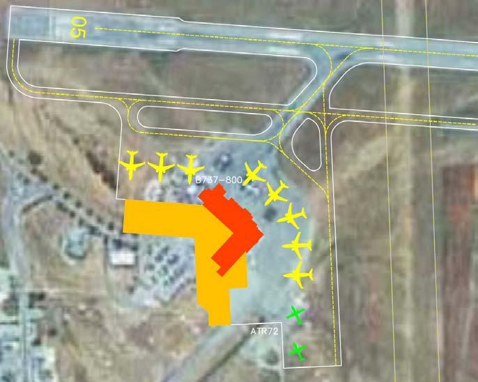 Expansion to the south (Option 3) Apron parallel to cross runway Domestic parking to the north, International parking to the south Push back zone provided to the southern bays Under utilised parking