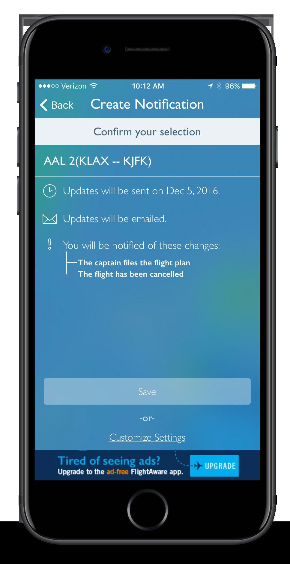 type, or airport origin/destination Size: 70/249 character max for mobile text/email Tracking: Alert