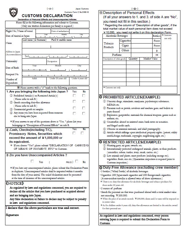 Customs Form: Read both sides of the customs form and answer the questions.