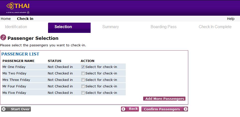 5. Selection Internet Check-in supports multi passenger check-in (from the same and different PNRs), allowing passenger to select which passengers are to be