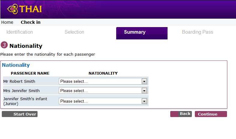 Nationality and Regulatory data Provided only for destination outside Thailand; Internet Check-in allows passenger to input the necessary regulatory information required by the