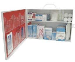 Contains all of the basic OSHA required first aid supplies plus antacid, pain relief and cold medications.