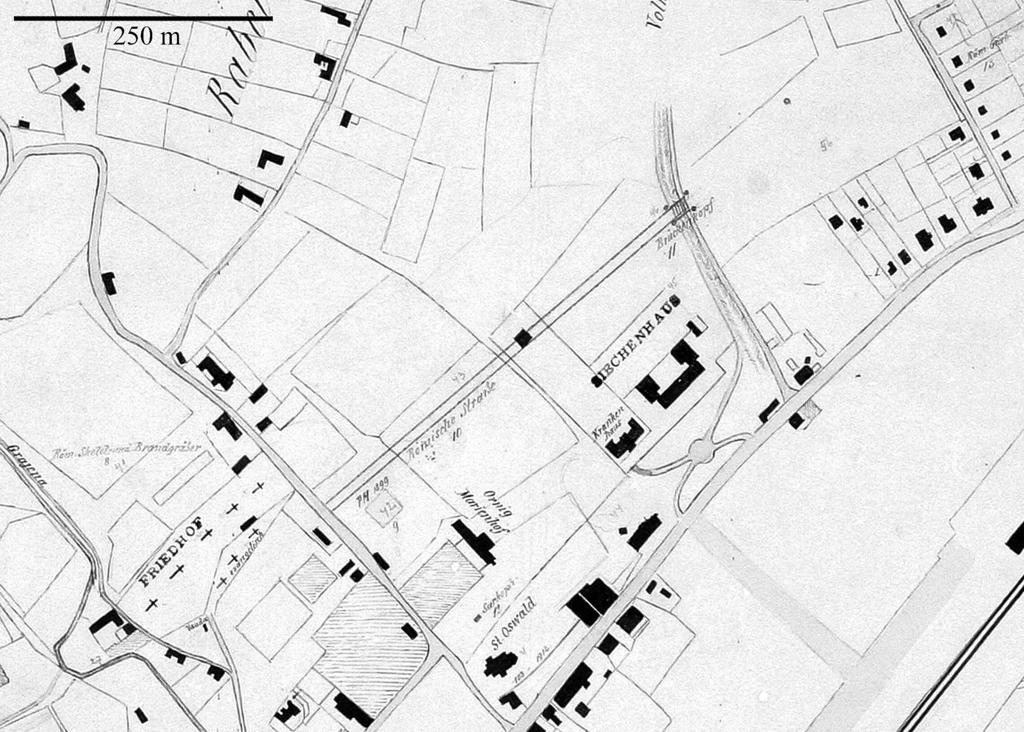 Neobjavljena Winklerjeva in Abramićeva raziskovanja Petovione 195 Sl. 11: Izsek (sl. 1: D) iz arhivske karte R. Gailhofer in V. Skrabar, Fundkarte von Pettau u. Umgebung, 1911.