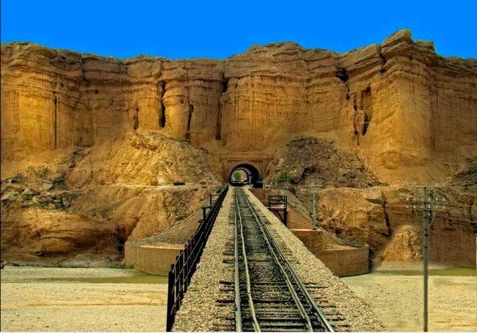 This is an amazing view of a tunnel and bridge over a river on the railway track from "Rohri to Quetta".