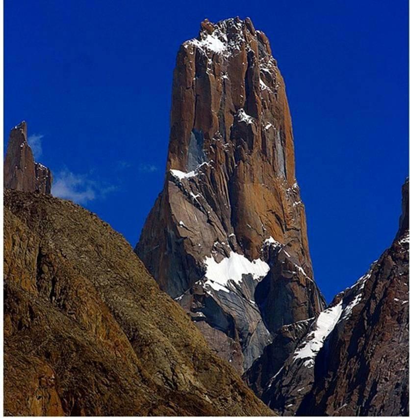 The Great Trango Tower, 6,286 m (20,608 ft). The east face of the Great Trango Tower features the world's greatest nearly vertical drop.