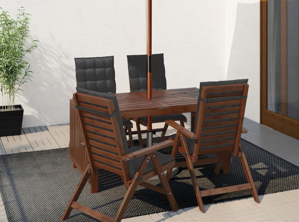 ÄPPLARÖ Table + 4 reclining chairs. Outdoor, brown stained. 390.483.98.