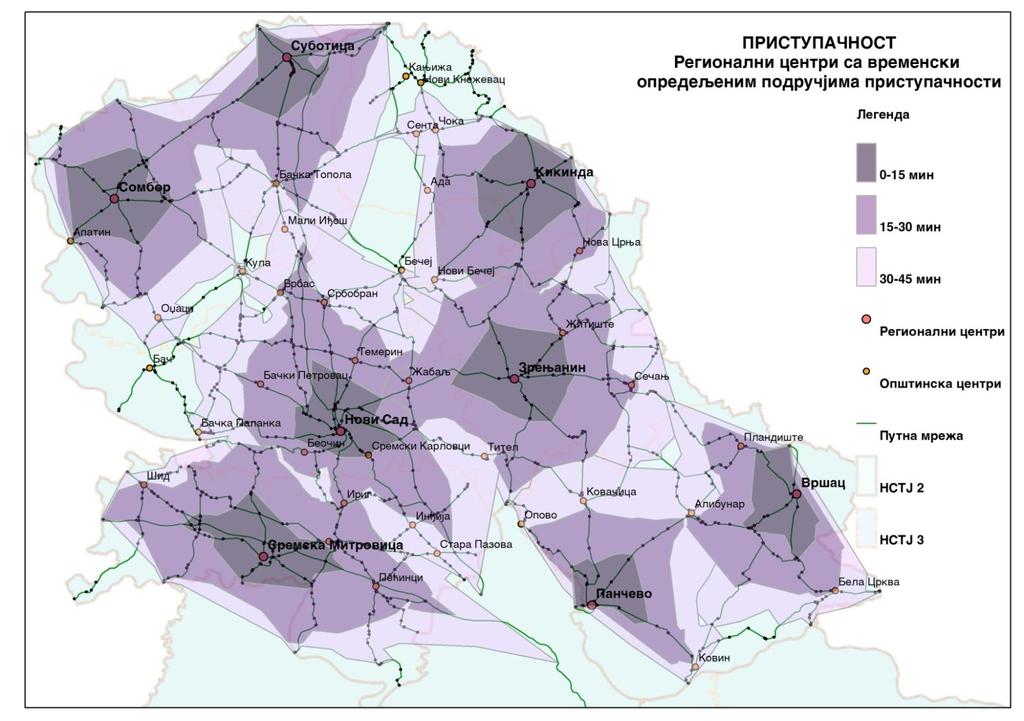 Карта 27: Регионални центри са временски опредељеним подручјима приступачности Коментар: Највећа покривеност општинских центара у зони