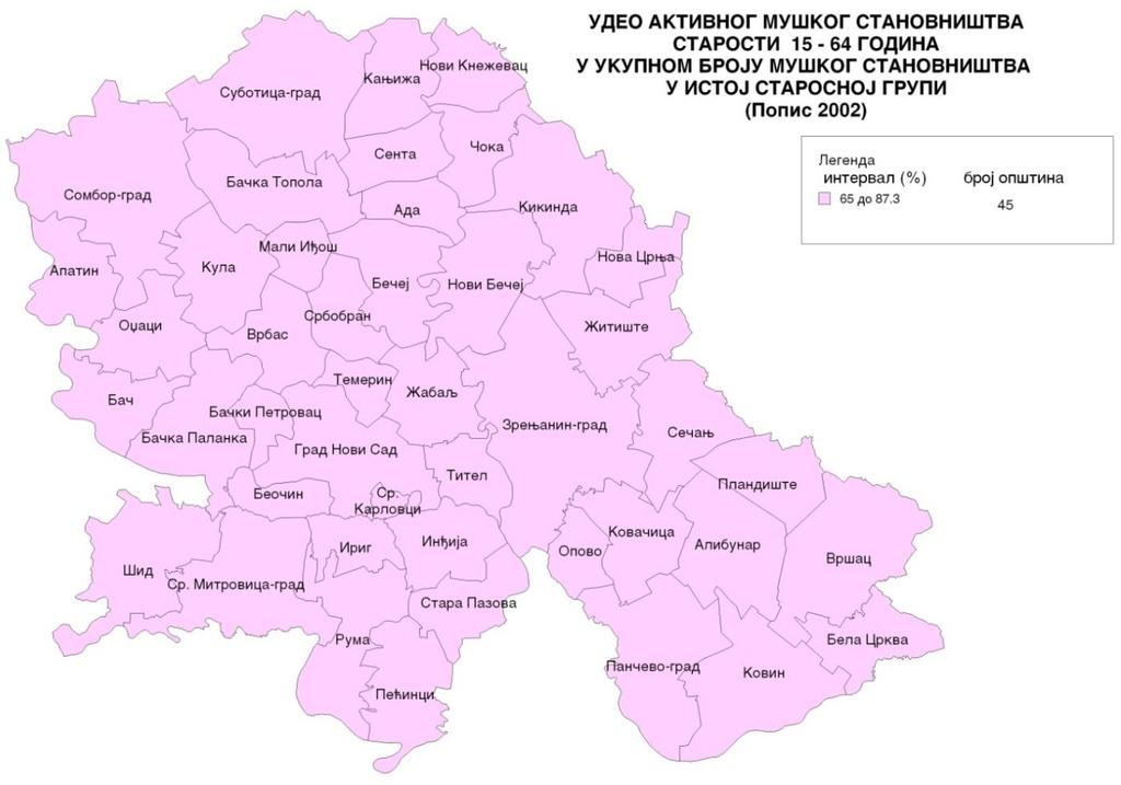 Карта 16: Стопа активности женске популације (15-64 година) - приказ по општинама/градовима