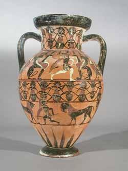1986.127 The two amphorae depicted here are similar in shape, size, and decoration, but were produced in different places.