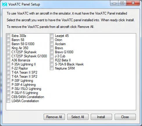 VoxATC Panel Setup The aircraft you intend to use VoxATC with must have the VoxATC Panel installed. To do this use the panel setup utility.
