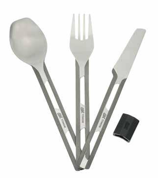 Constructed from ultralight titanium. Includes a knife, fork, and spoon. Deep spoon is suitable for soups. Practical sleeve made of heat-resistant silicone conveniently holds the cutlery together.