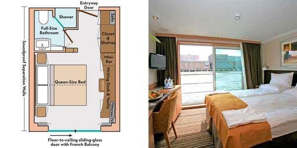 Avalon Deluxe Stateroom (Categories A, B, P) - 172 sq. ft. on deck 2 and 3 with French Balconies Cost: Category B - $ 3,794.