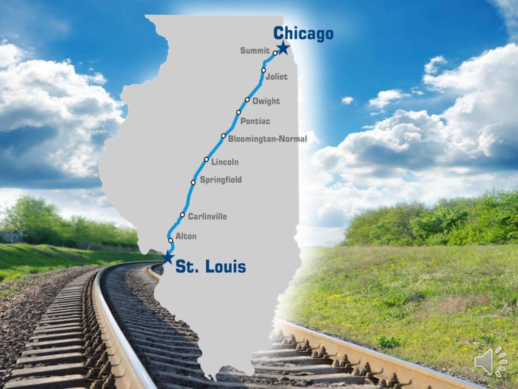 The Illinois High-Speed Rail, or HSR, travels from Chicago to St. Louis with 9 stops in between. Improvements to the rail line are taking place between Joliet and East St. Louis. The HSR Corridor bisects the State of Illinois, connecting two of the Midwest's largest cities, Chicago, IL and St.