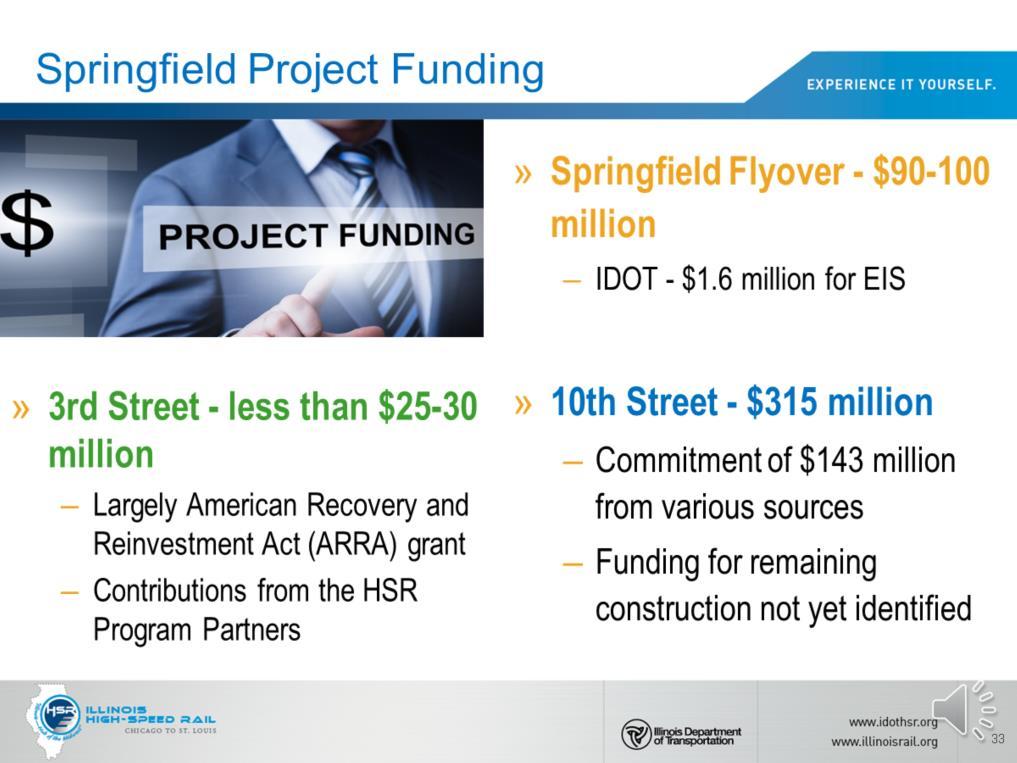 The 3 rd Street improvements are funded by a federal grant and contributions from Program partners. IDOT is funding the environmental analysis of the Springfield flyover.