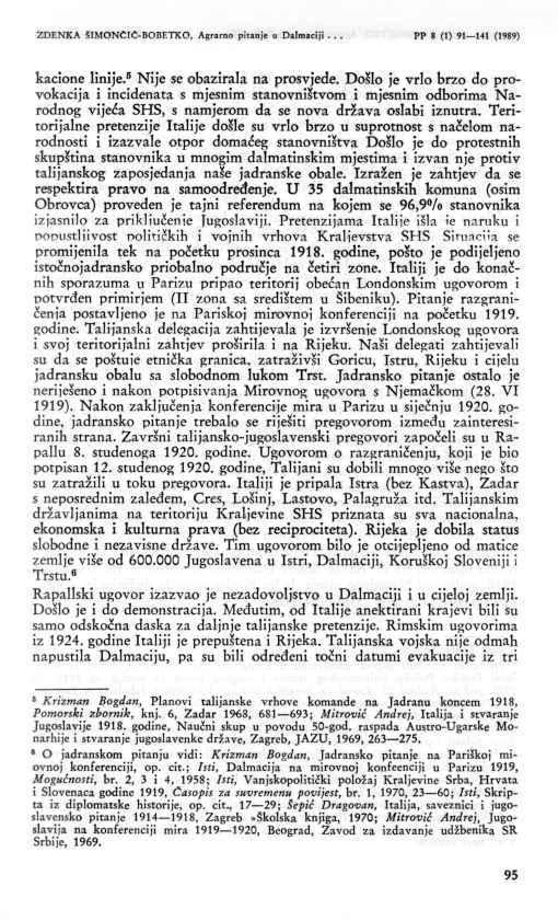 ZDENKA ŠIMONČIĆ-BOBETKO, Agrarno pitanje u Dalmaciji...OT. PP g (1) 91 141 (1989) kacione linije. Nije se obazirala na prosvjede.