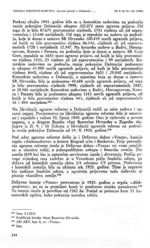 134 ZDENKA SIMONCIC-BOBETKO, Agrarno pitanje u Dalmaciji... PP 8 (1) 91 141 (1989) Potkraj ožujka 1941. godine bile su u kotarskim sudovima na području ranije pokrajine Dalmacije ukupno 102.