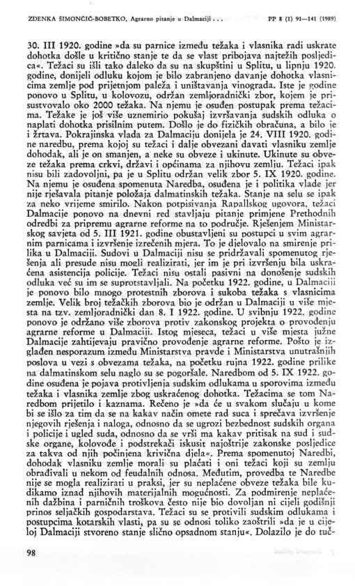 98 ZDENKA ŠIMONCIĆ-BOBETKO, Agrarno pitanje u Dalmaciji... PP 8 (1) 91 141 tl989) 30. III 1920.