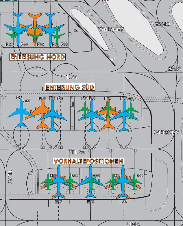2) Deicing infrastructure - De-Icing positions De-Icing pad De-Icing South - Positions F43- F59 with variable aircraft disposition 5 ICAO C class positions or 2 ICAO C class and 2 ICAO E class