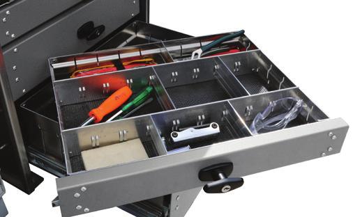 Dividers are included in each drawer for tool organization. Telescoping top shelf for easy installation. (A space-saving flat top is also available). Standard 2.