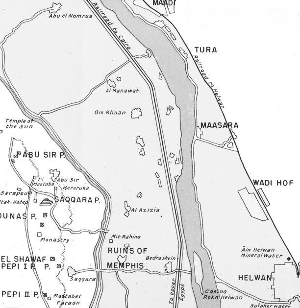 Figure 1. Location of Memphis, south of Cairo, on the west bank of the Nile (Maadi and Helwan are suburbs of Cairo).