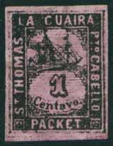 No forgeries show these consistent features of all genuine Centavos issues: 1. There is a vertical stroke of color on the horizontal bar of L of LA GUAIRA 2.
