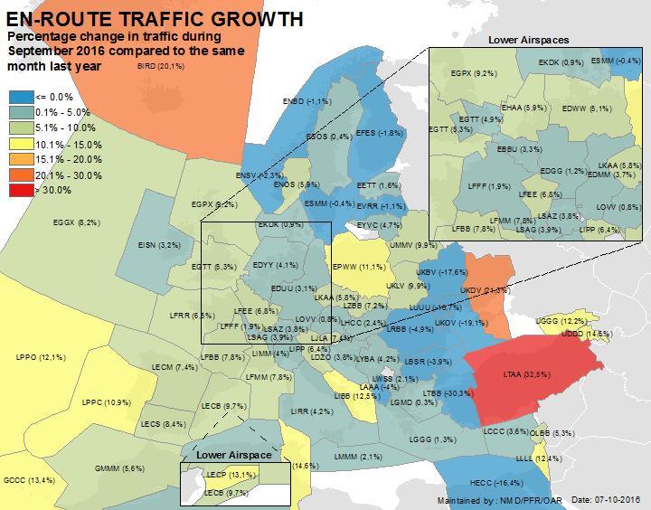 The highest traffic increases in September 216 were in Ankara, Reykjavik, Tunis, Canarias and Palma ACCs.