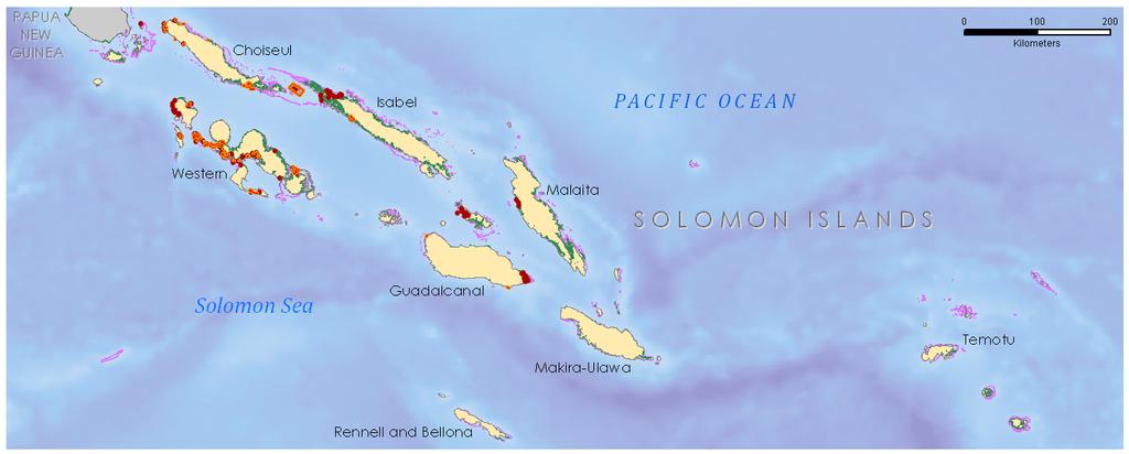 Overall there are 2,802 km 2 of coral reef with just 52km 2 within an MPA (2%).