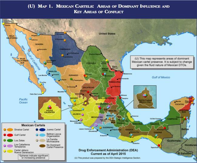 DEA Map cartel territory in Mexico (A map of suspected areas of influence for Mexico's drug cartels.