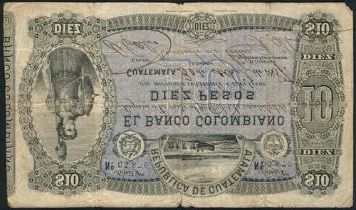 THE ANDEAN COLLECTION OF SOUTH AND CENTRAL AMERICAN BANKNOTES Incredibly Rare 10 Pesos of 1887 304 El Banco Columbiano, 10 pesos, 30 April 1887, black handstamped serial number 05876, blue, black and
