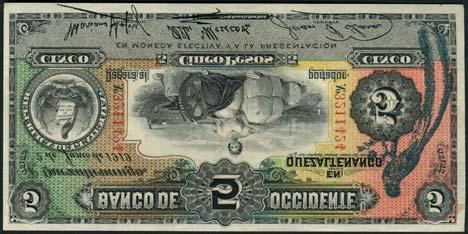 as previous (Pick S160a, 160b), pressed, fine, second note very fine (2) 312 Banco del Occidente en Quezaltenango, a group of notes comprising 50 centavos (3), 1900, 1 peso (9), 1899-1920, 5