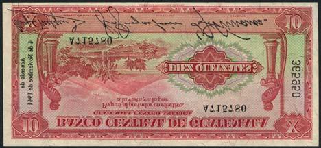 THE ANDEAN COLLECTION OF SOUTH AND CENTRAL AMERICAN BANKNOTES 320 Banco Central de Guatemala, 10 quetzales, 5 November 1941, black serial number A 715780/365950, red and green, landscape at left