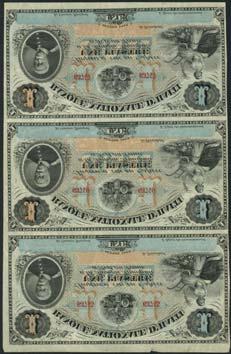 January 12, 2018 - NEW YORK 325 Le Banque Nationale D Haiti, a uncut sheet 1 piastres (3), Sept 1875, serial numbers 63745-7, black on pale blue and orange,