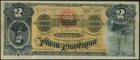 and Improvement Company, 10 pesos, 25 June 1886, blue serial number B 111, black and pink-red, Bogran at top left, value at top right, steamship low right, reverse green also 50 centavos (3), 1886,