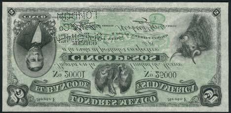 uncirculated, the remaining notes about fine to fine (3) 337 Banco de Londres y Mexico, 5 pesos, 1910, serial number E806325, black on green and yellow, 10 pesos, 1913, serial number H554534, black