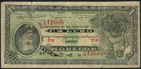 January 12, 2018 - NEW YORK 339 El Banco de Guanajuato, 1 peso, 1913, serial number 43883, black on yellow, 2 pesos, 1914, serial number 35991, black on blue, 5 pesos, 1914, serial number 124380,