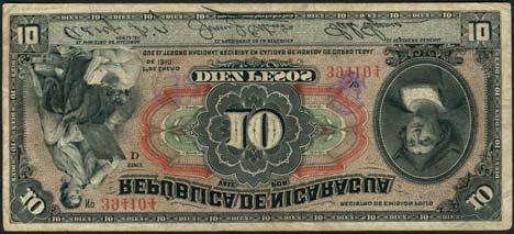 scarce US$700-900 350 Republica de Nicaragua, 10 pesos, 1910, red serial number 394104, black, red and pale