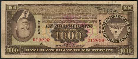 Banco Nacional de Nicaragua, 100 cordobas, 1960, serial number 555485, dark red on multicolour underprint, Jose Dolores Estrada at right, value at left and corners (Pick 104b), good very fine and