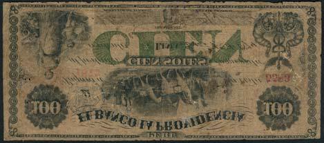 allegory at top centre (Pick S165), about good, rare US$200-250 370 Banco la Providencia, 100 soles, 1 January 1874 (1875), serial number 5583, black and green, woman and child allegories of Charity