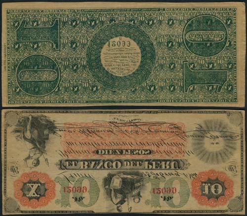 January 12, 2018 - NEW YORK 379 Banco del Peru, 10 pesos, 15 February 1864, serial number 12099, black on green and red underprint, off-white paper, seated woman with scales at left, Liberty at top