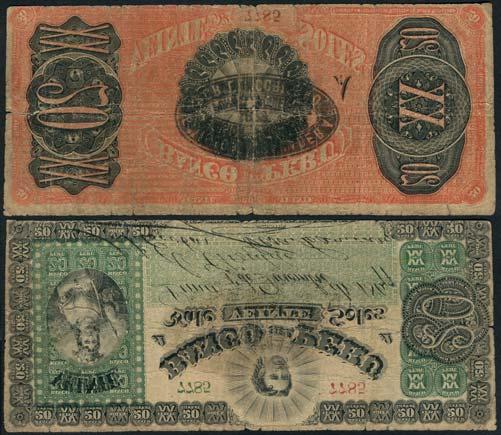 January 12, 2018 - NEW YORK 382 Banco del Peru, 20 soles, 1 December 1877, serial number A 7785, black and green, radiant woman s head at