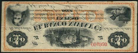 January 12, 2018 - NEW YORK 421 Banco Navia y Cia, Montevideo, 1 peso, 4 November 1865, serial number 094920, black on orange underprint, girl at low left, cow, calf and sheep at top centre, dog and