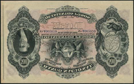 THE ANDEAN COLLECTION OF SOUTH AND CENTRAL AMERICAN BANKNOTES 439 Banco Nacional, Uruguay, 500 pesos, 25 August 1887, serial number A002070, black on purple and pink underprint, man at left,