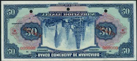 overprint, hole punched (Pick S137), uncirculated US$500-600 456 Banco Comercial de Maracaibo, specimen 20 bolivares, ND (1929), zero serial number, blue on
