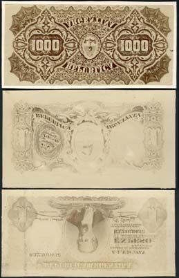 Argentina, archival photographs showing part of an unknown 1897 series, comprising obverse of 1 peso (2), with different designs and reverse of 1, 2, 5, 10, 20, 50, 500 and 1000 pesos,