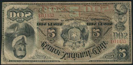 January 12, 2018 - NEW YORK 186 Banco Nacional de Chile, 2 pesos, 3 January 1886, serial number D11127, black on red and green