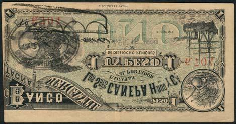 January 12, 2018 - NEW YORK 193 Banco Mercantil Tacna, Chile, 1 peso, 15 April 1899, serial number 6704, black on green underprint, condor at left, sailing steamer and agricultural symbols at right,