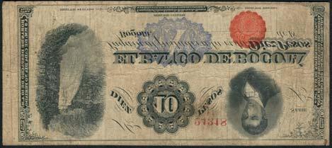 January 12, 2018 - NEW YORK 213 El Banco de Bogota, 10 pesos, 18- (ca 1899), red serial number 24318, black and white, value in pale blue guilloche low centre, falls at left, Caldas top right,