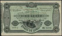 Banco del Oriente, a set of notes comprising 50 centavos, 1900, red, 1 peso, 1900, blue, 5 pesos (2), 1888 and 1900, orange/yellow, 10 pesos, 1887, green and 100 pesos, 1900, violet, all are